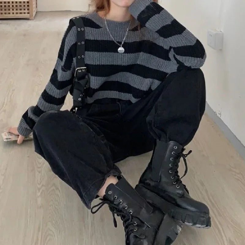 Deeptown Korean Style Striped Cropped Sweater Women .