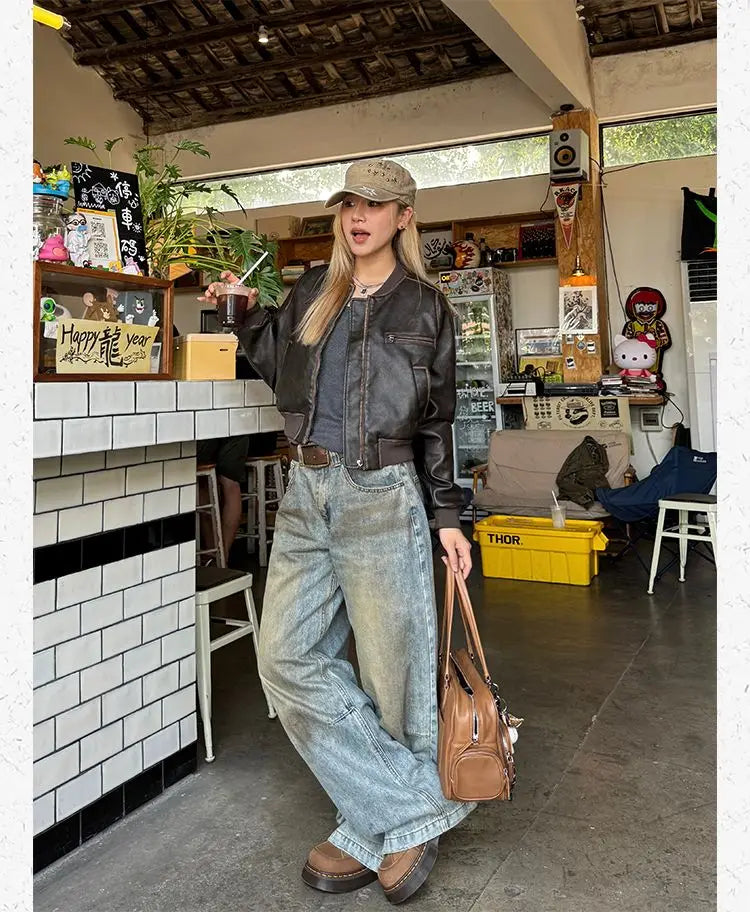 American Vintage Short Motorcycle Leather Jacket Women.