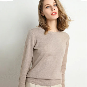 Women Slim O-Neck Pullover Cashmere Wool Blending Sweater.