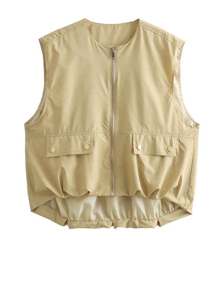 Women Yellow Pocket Irregular Big Size Casual Vest New V-collar.