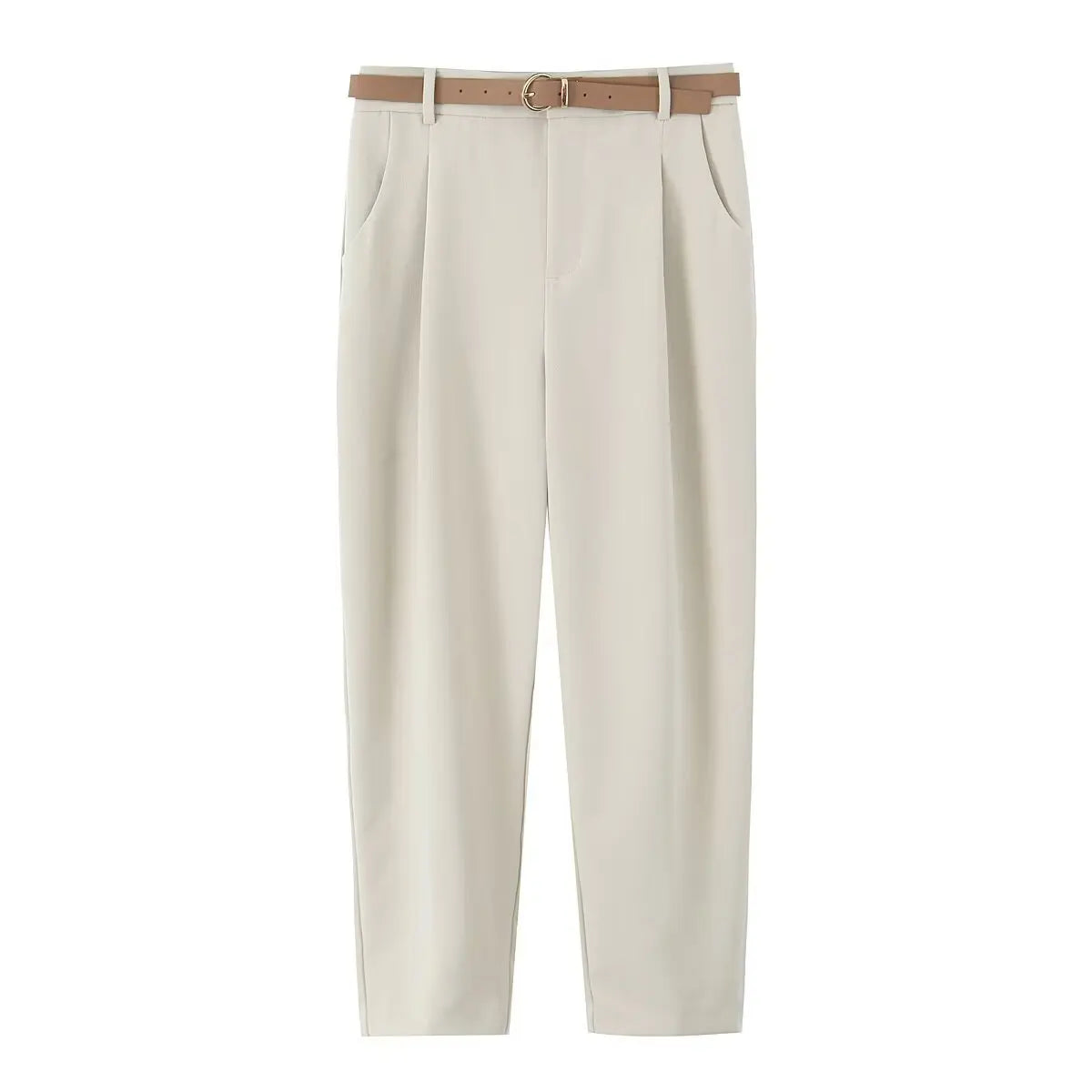 ZBZA Women's Belted Pleated Trousers High Waist Side Pockets .