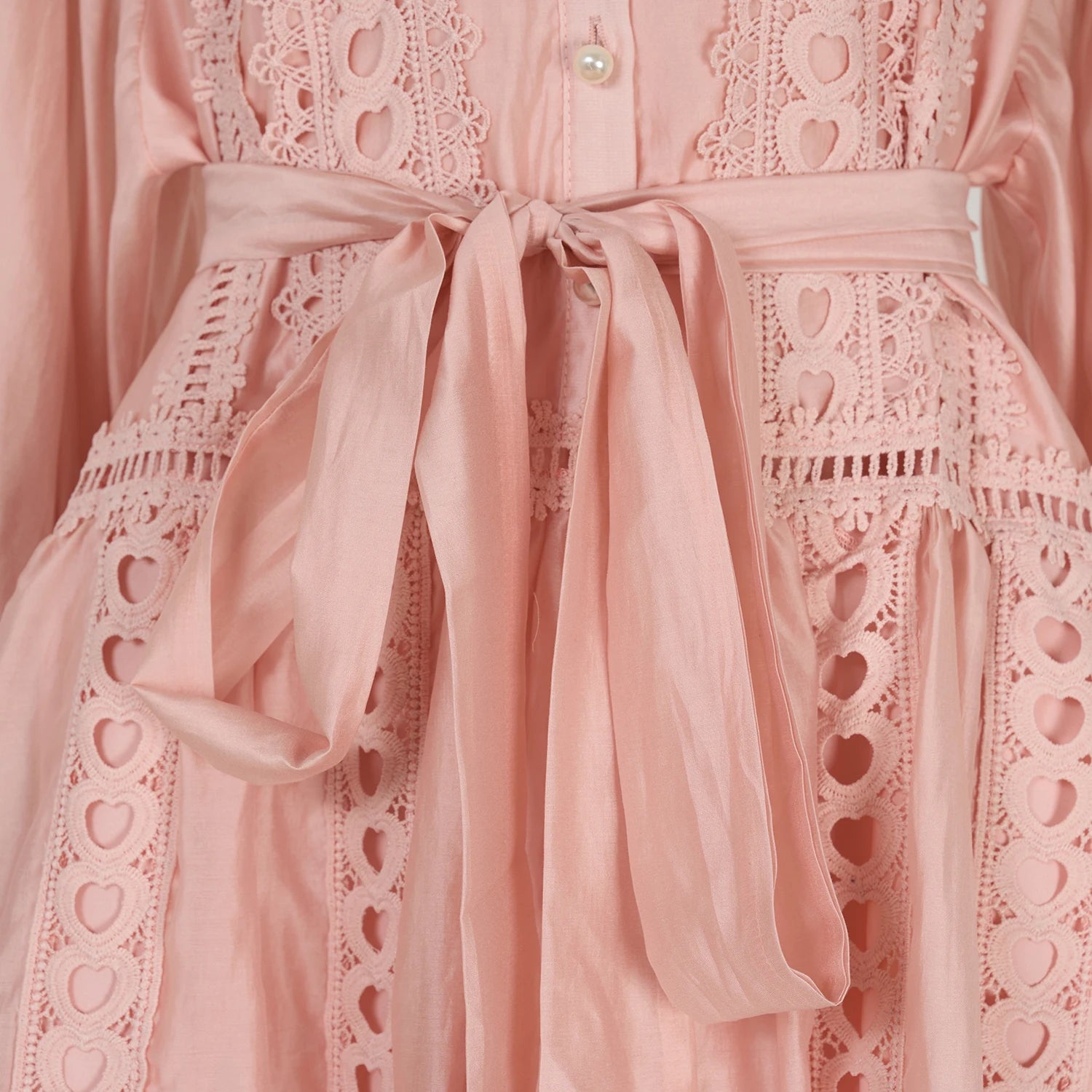 Spring Summer Embroidery Lace Stitching Hollow Out Midi Dress Women's Stand Collar Single Breasted Belt Loose Party Vestidos