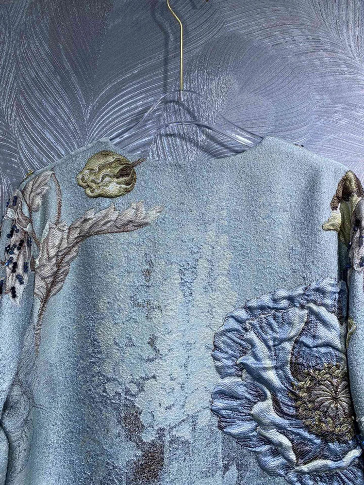 DLDENGHAN Beading Jacquard Coat For Women O-Neck Long Sleeves.