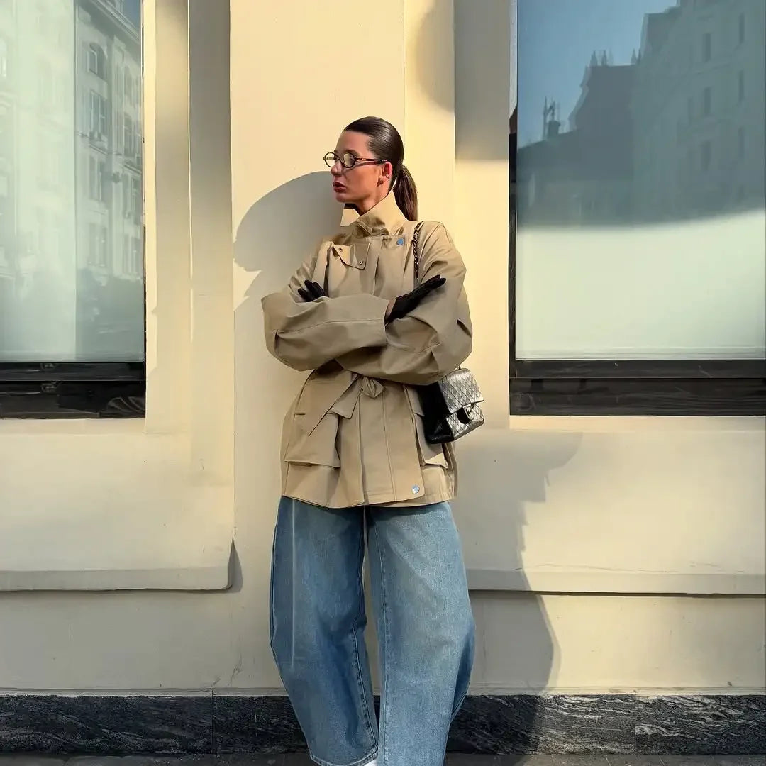 Single Breasted Khaki Belt Trench Coat Women.