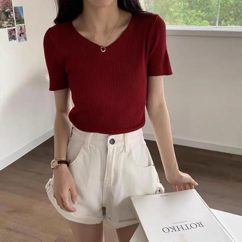 V-neck Solid Thin Summer Women Pullover Female Knitted Ribbed Sweater.