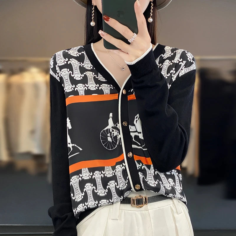 Spring and Autumn New Woven Wool Cardigan Women's V-neck.