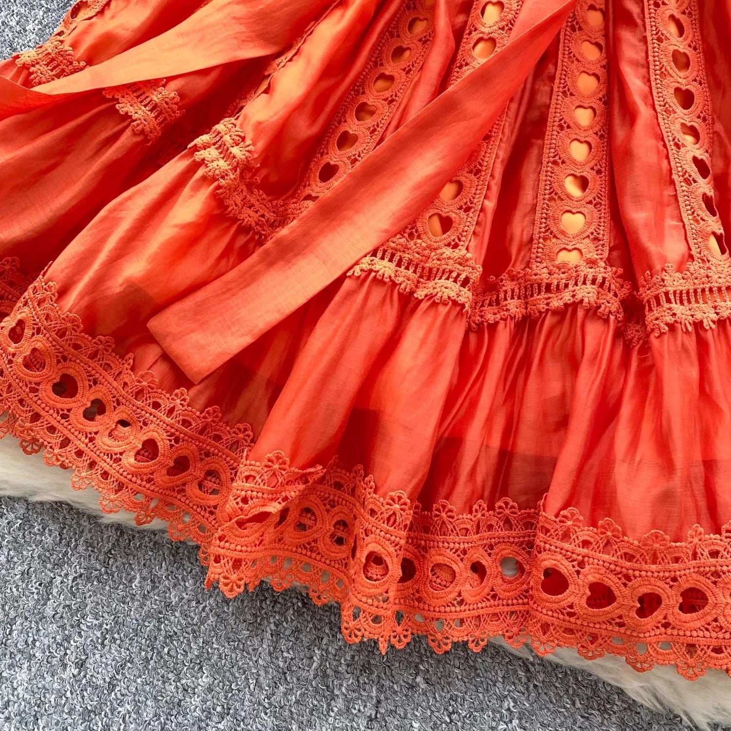 Spring Summer Embroidery Lace Stitching Hollow Out Midi Dress Women's Stand Collar Single Breasted Belt Loose Party Vestidos