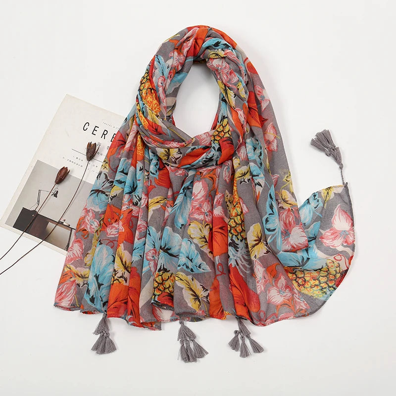 New Printed Soft Linen Cotton Scarf Shawls Women Muslim Hijabs Premium Foulard Femme Long Fresh Floral Tassel Scarves Echarpe