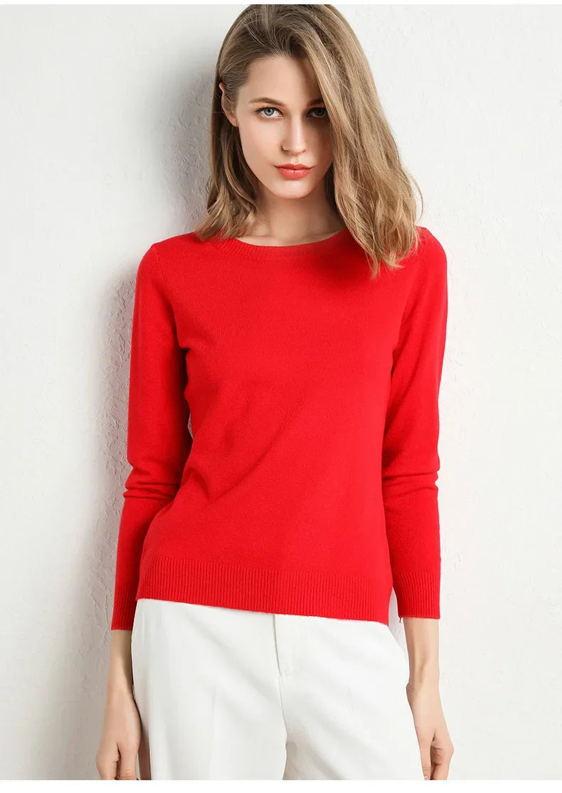 Women Slim O-Neck Pullover Cashmere Wool Blending Sweater.