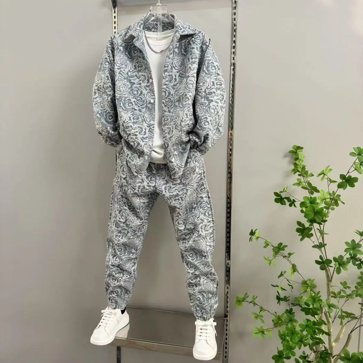 Men's Casual Suit Lapel Jacquard Shirt Trousers Two-piece Set .