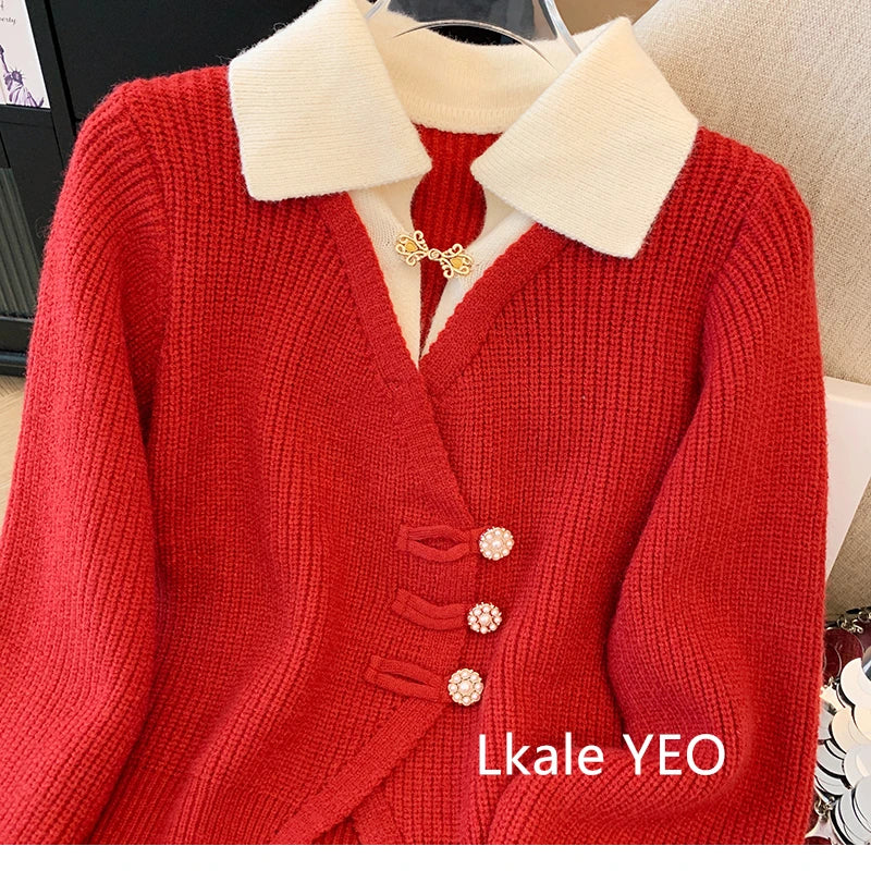 New 2025 Autumn Winter Design Splicing Slim Women Knitted Cardigan Sweater Jacket Fashion Fake Two Items Loose Ladies Top