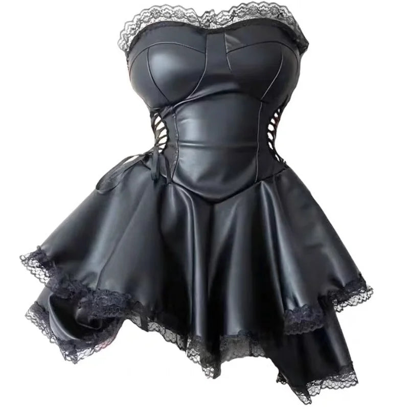 Sexy Leather Sheath  Dress Strapless A-line Solid Lace Up Ruffles Dress Fashion Women PU Spliced Lace Sensual Dress