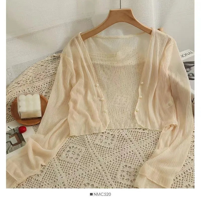 Button Front Crop Women Cardigan Sheer Knit Top Lightweight Bolero .