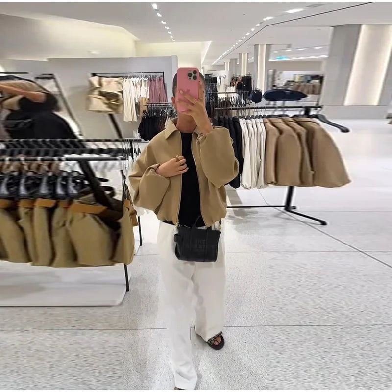 Casual Solid Zipper Lapel Short Jacket Women Long Sleeve .