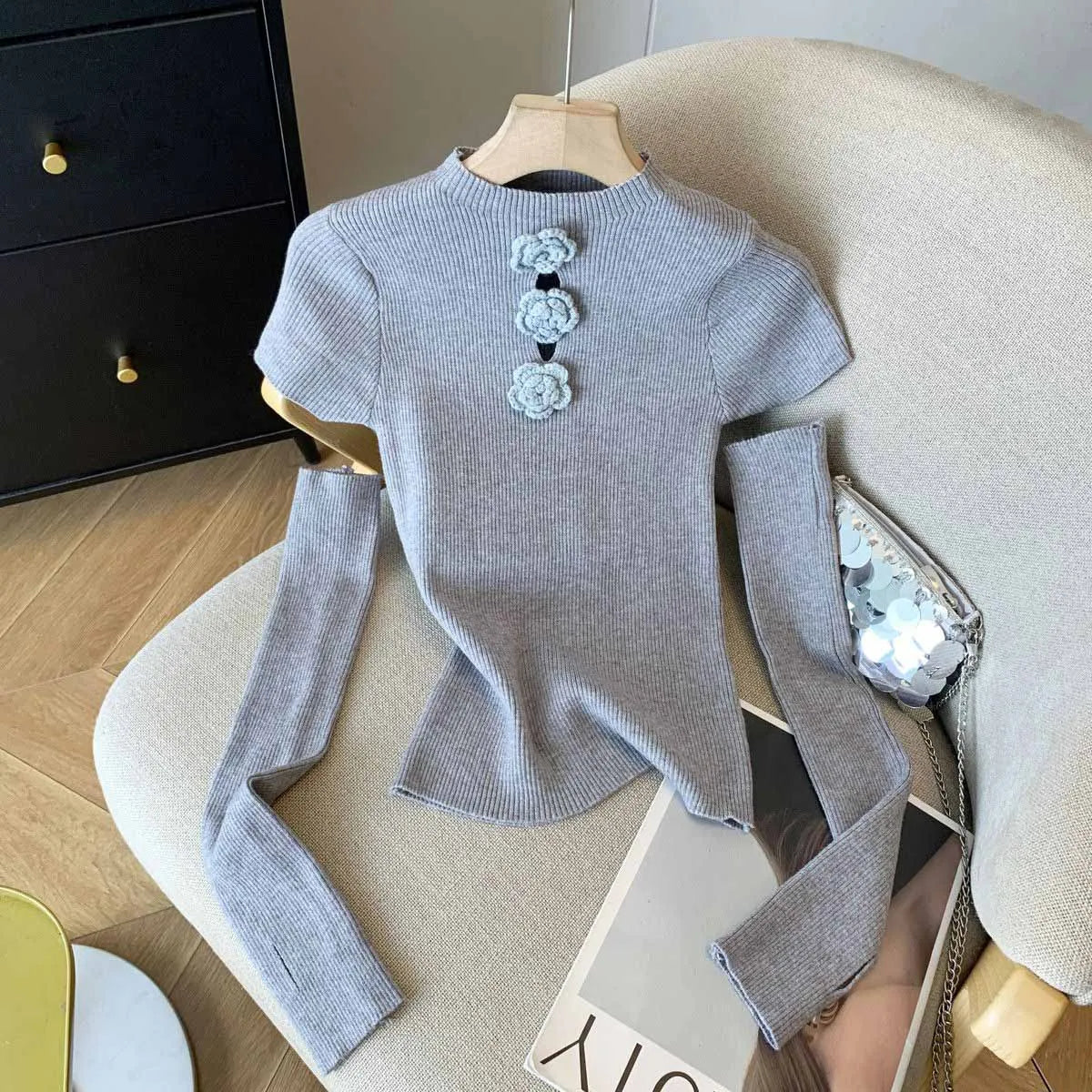Women's Clothing Fashion Floral Solid Knitted Sweaters Spring Summer Elegant Slim O-neck Long Sleeve Tops