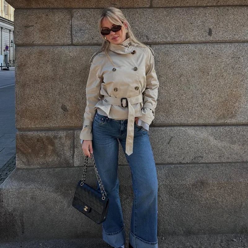 Fashion Women's Short Belt Jackets Long Sleeve Stand Collar Double Breasted Female Coat 2025 Autumn Lady Solid Outwear