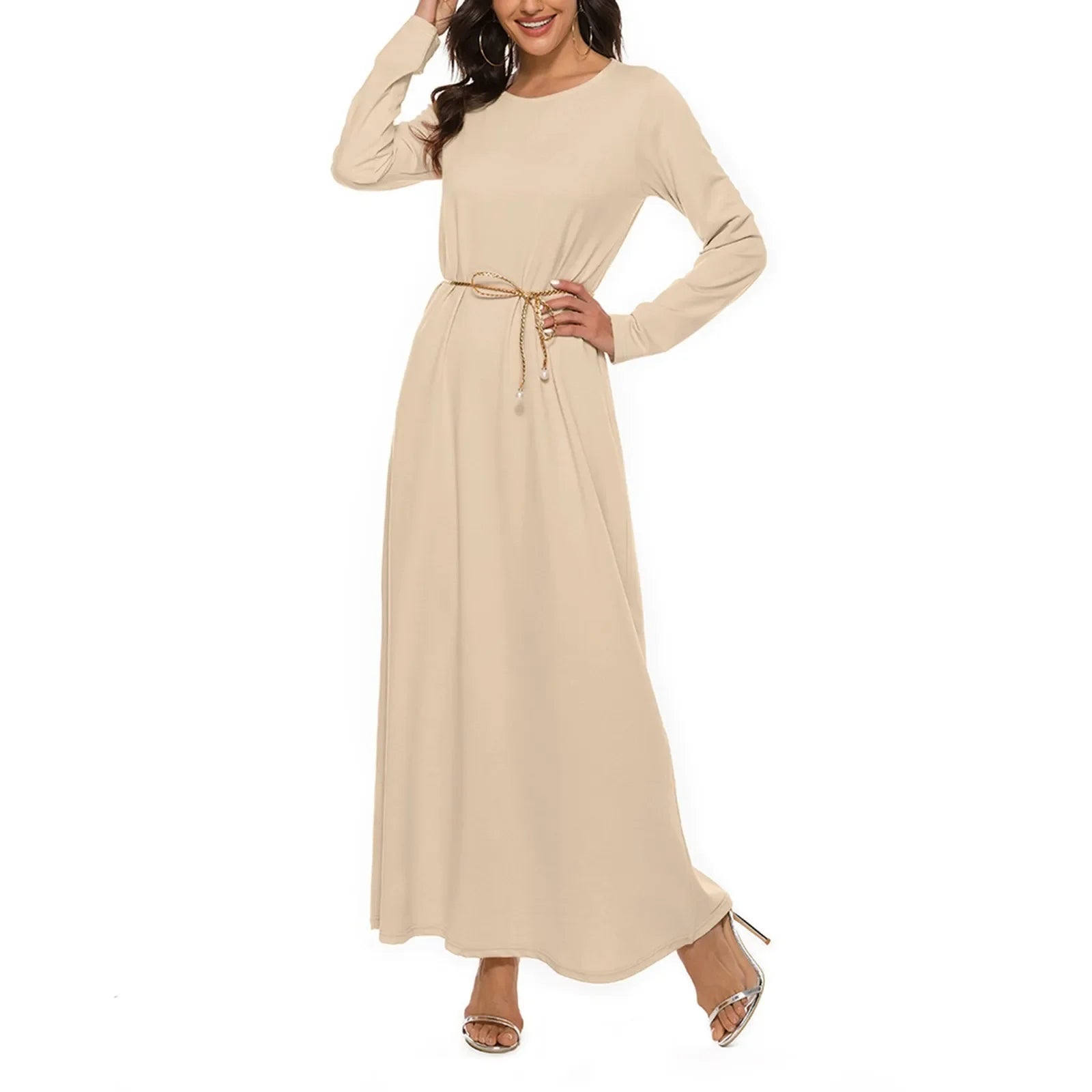 Women's Casual Solid Color Muslim Dress Long Sleeve Hollow Out Sequins Cardigan Loose Fit Long Skirt Islamic Dress