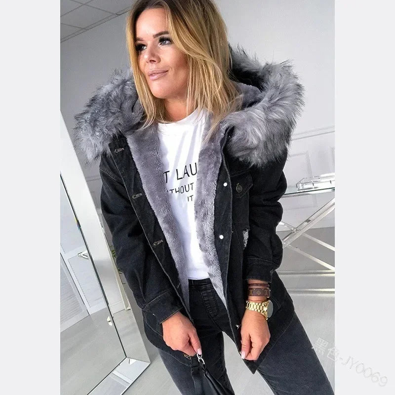 New Fashion Hooded Big Fur Collar Denim Jacket .