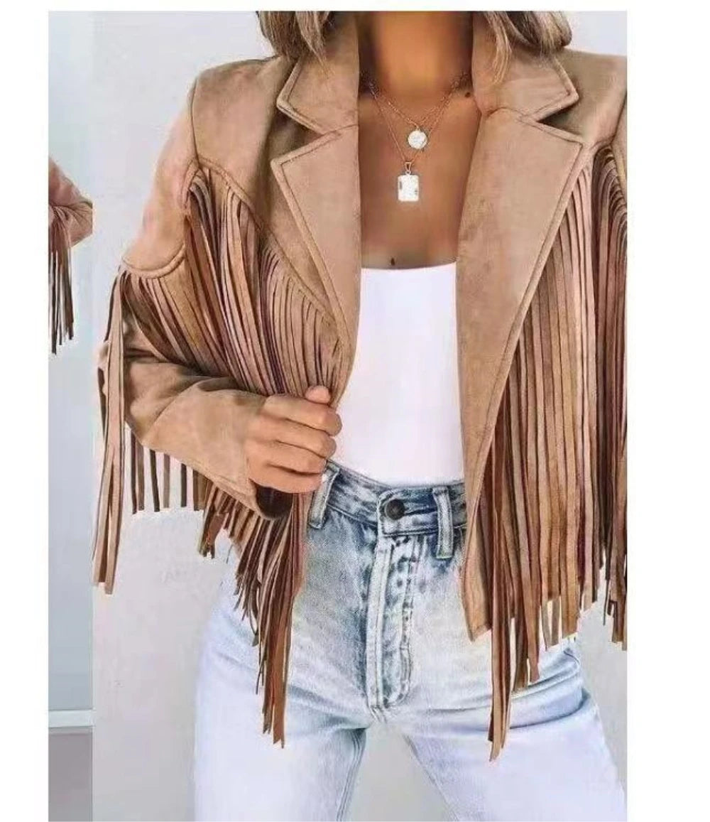 New women Motor Biker Cardigan OutwearsFaux Suede Tassel Jacket.