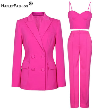 American  Fresh Fuchsia Color 3PCS Blazer Set with Bre Top and Pencil Pants .
