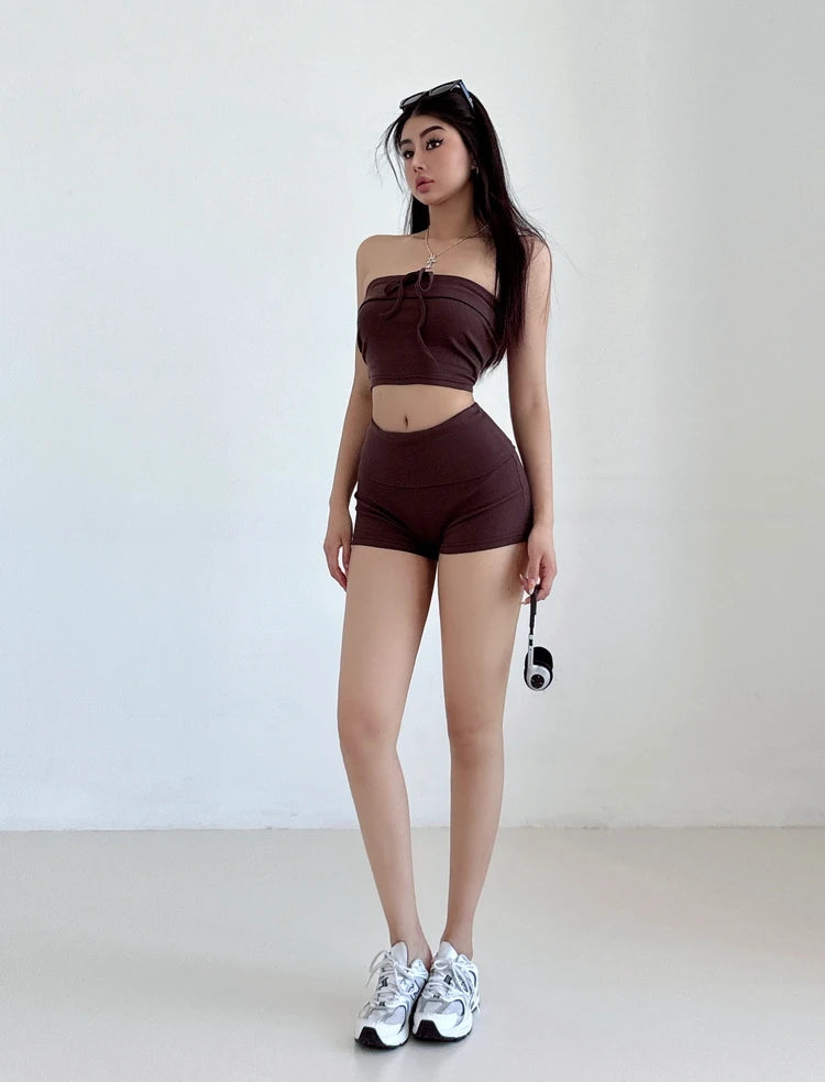 Summer Spicy Girl Casual Lace Up Bra Flip Waist Shorts Two Piece Fashion Set Fashion Casual Women Shorts Set 2024 New TX7C