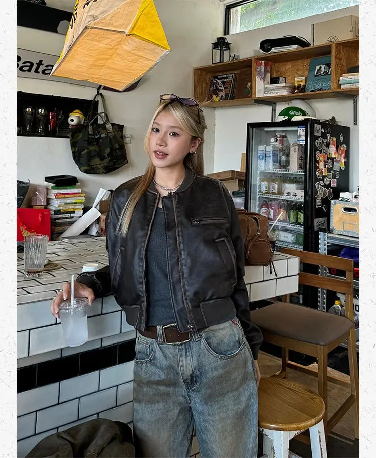 American Vintage Short Motorcycle Leather Jacket Women.
