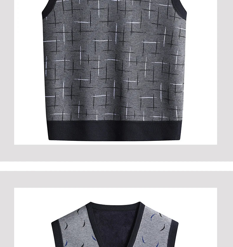 Men‘s V-neck Sweater Vest Autumn Winter Fleece Lining Knit.