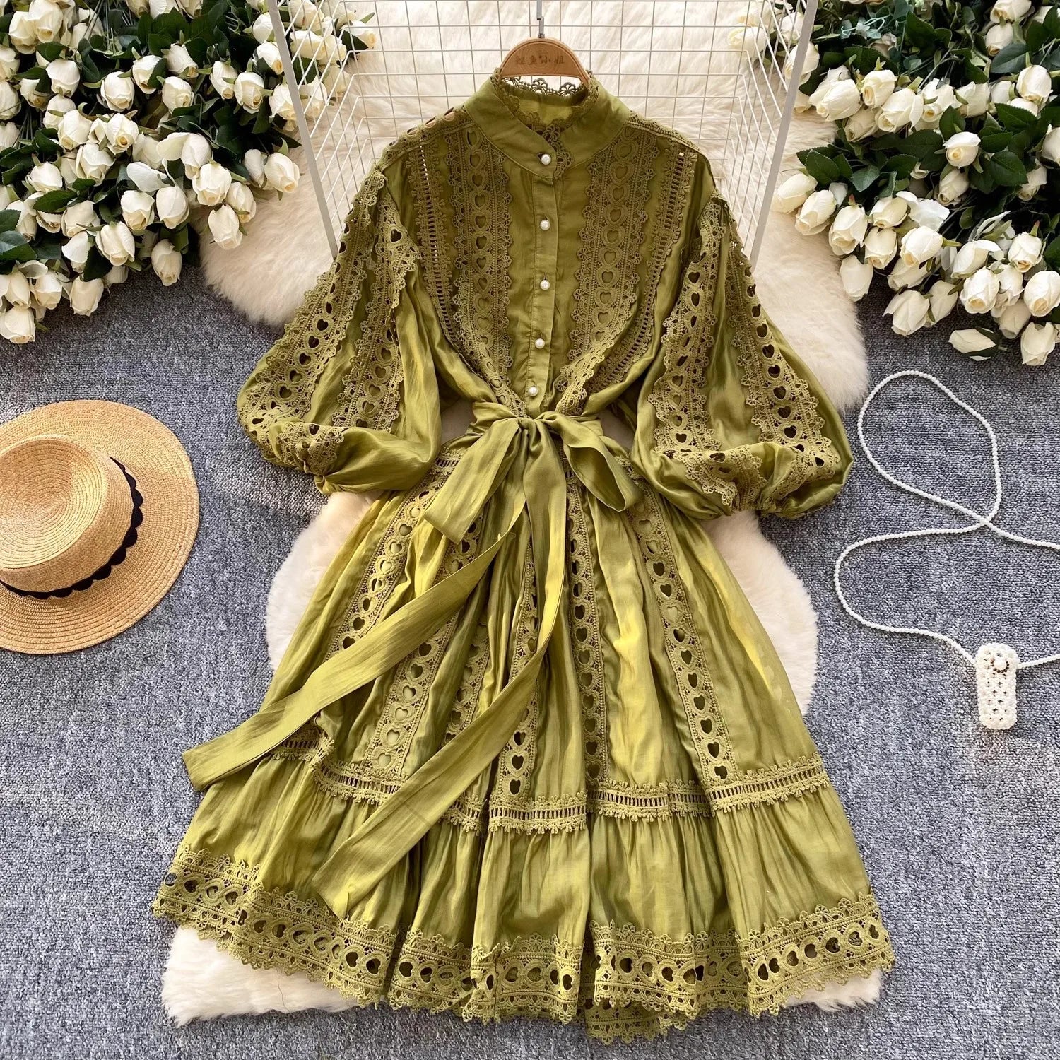Spring Summer Embroidery Lace Stitching Hollow Out Midi Dress Women's Stand Collar Single Breasted Belt Loose Party Vestidos