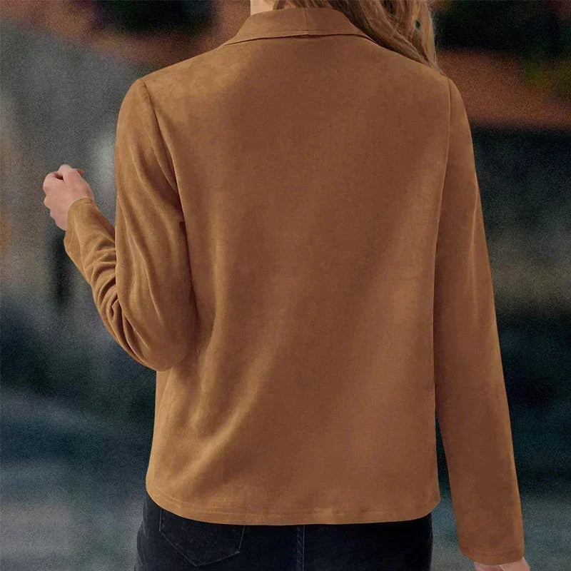 Women's Suit Jacket Solid Suede Lapel Zipper Pocket .