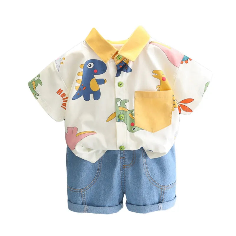 Children Print Dinosaur Shirts Denim Shorts 2Pcs/Set Kids Fashion .
