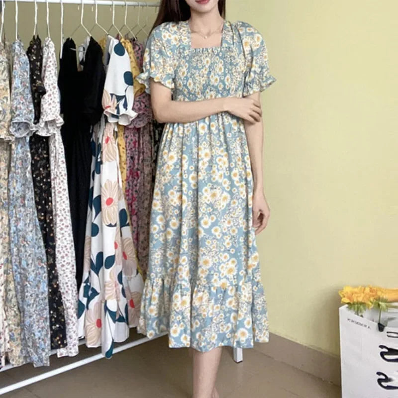 Spring Summer Elastic Waist Chiffon Dress Women Casual Dresses Fashion Female  Vestidos Short Sleeve Pleated A-line Dresses