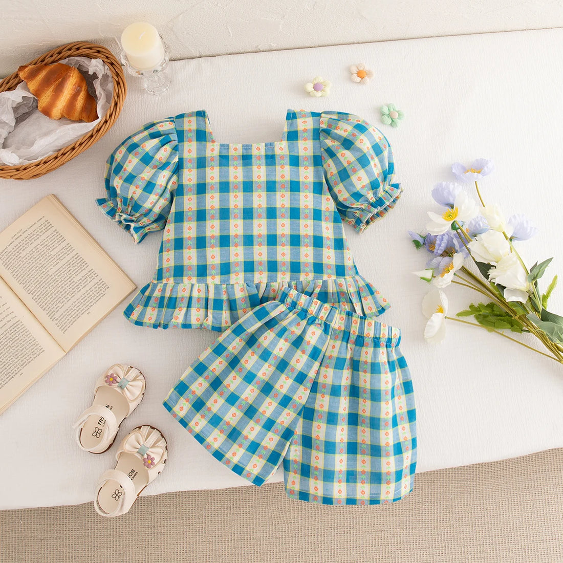 Baby Girl Set Blue Plaid Printed Bubble Sleeve Top with Shorts Suit Summer Girl Outdoor Outfit