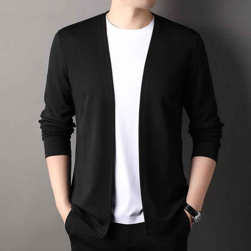 Spring Autumn Knit Cardigan Men Fashion Solid Color Stand.