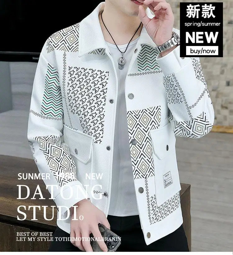 Brand Clothing Spring Autumn Men Coats Lapel Slim Print Jacket.