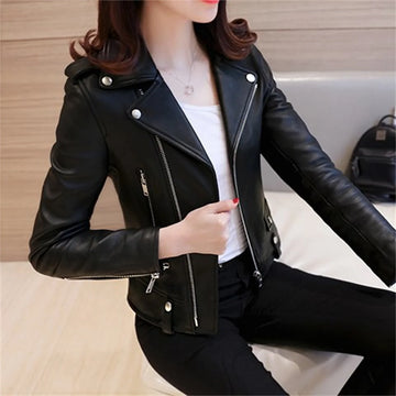 Women Cool Slim Fit Faux Leather Jacket Long Sleeve .