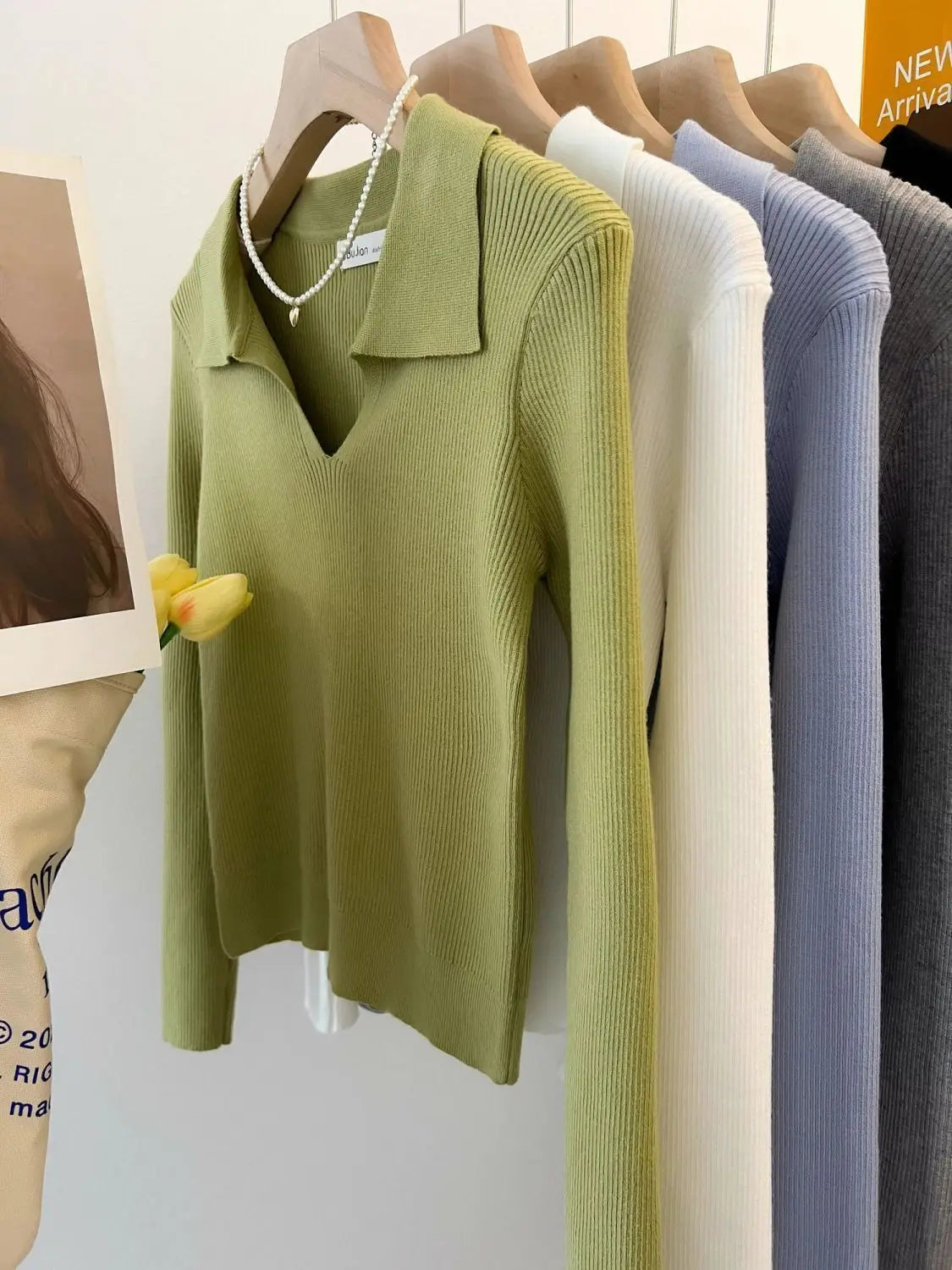 Women Clothing Vintage Fashion Solid Turn-down Collar Pullovers.