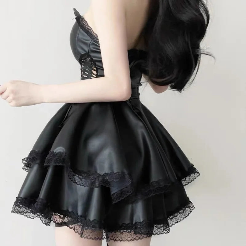 Sexy Leather Sheath  Dress Strapless A-line Solid Lace Up Ruffles Dress Fashion Women PU Spliced Lace Sensual Dress