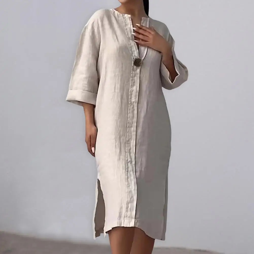 Summer Women Dress V Neck Side Split Loose Pullover Button women fashion'/MH