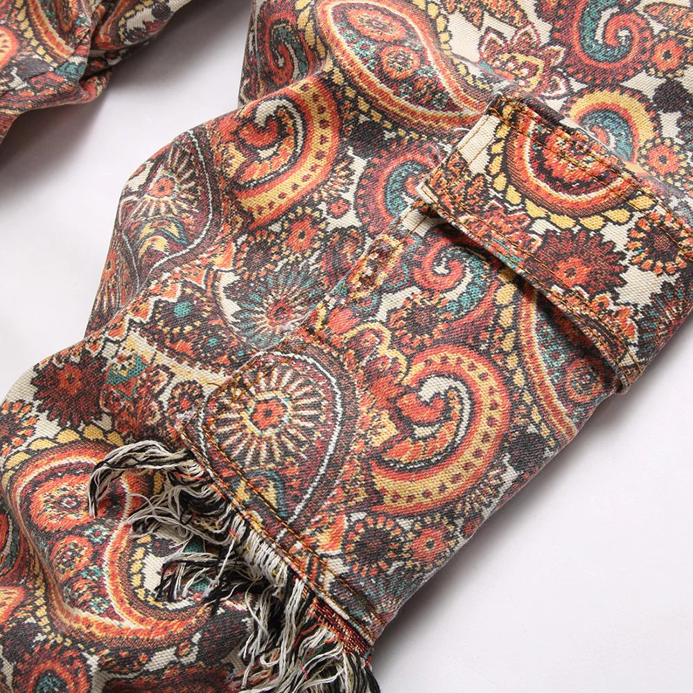 Men Bandana Print Pants Plus Size Multi Pockets Cargo Jeans .