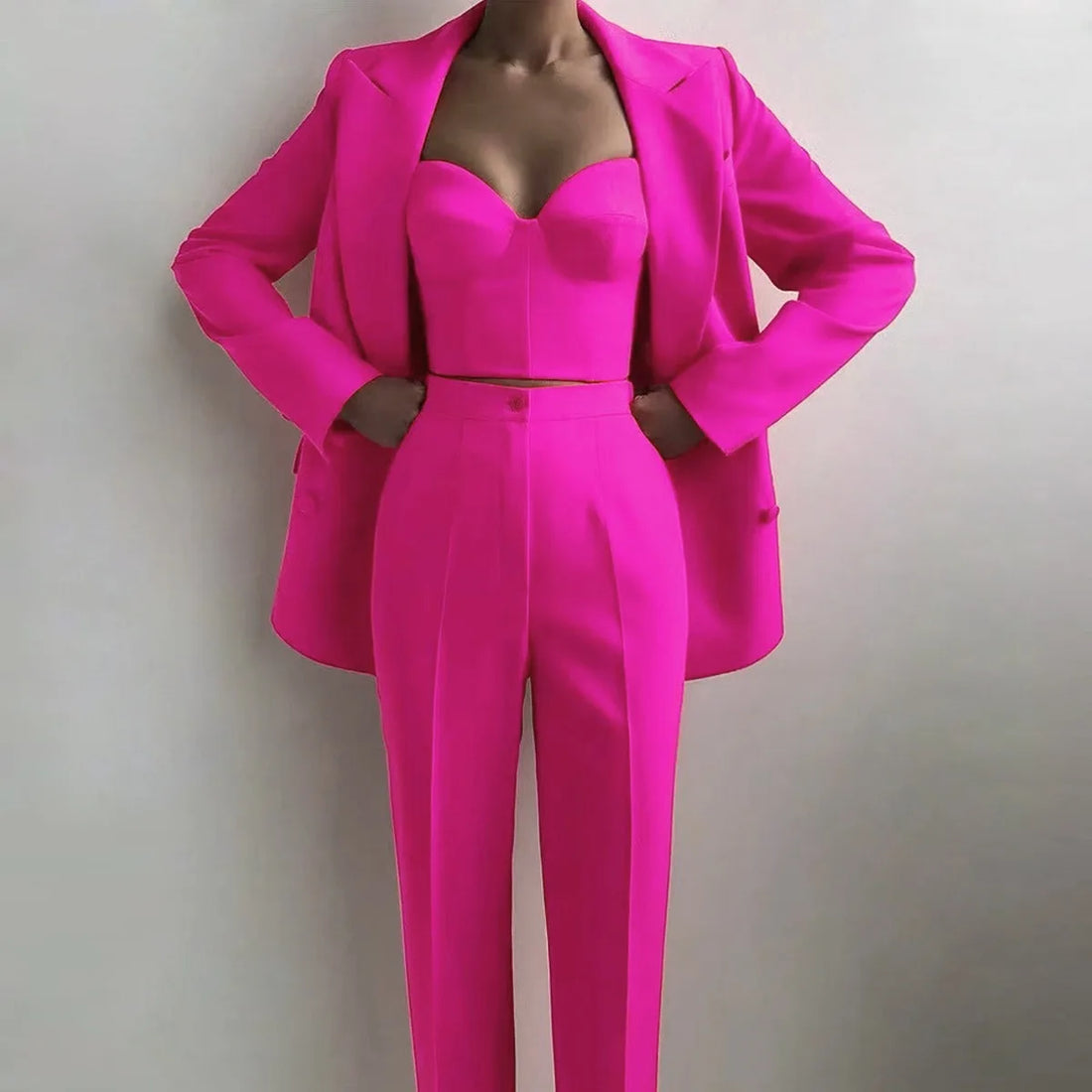 American  Fresh Fuchsia Color 3PCS Blazer Set with Bre Top and Pencil Pants .