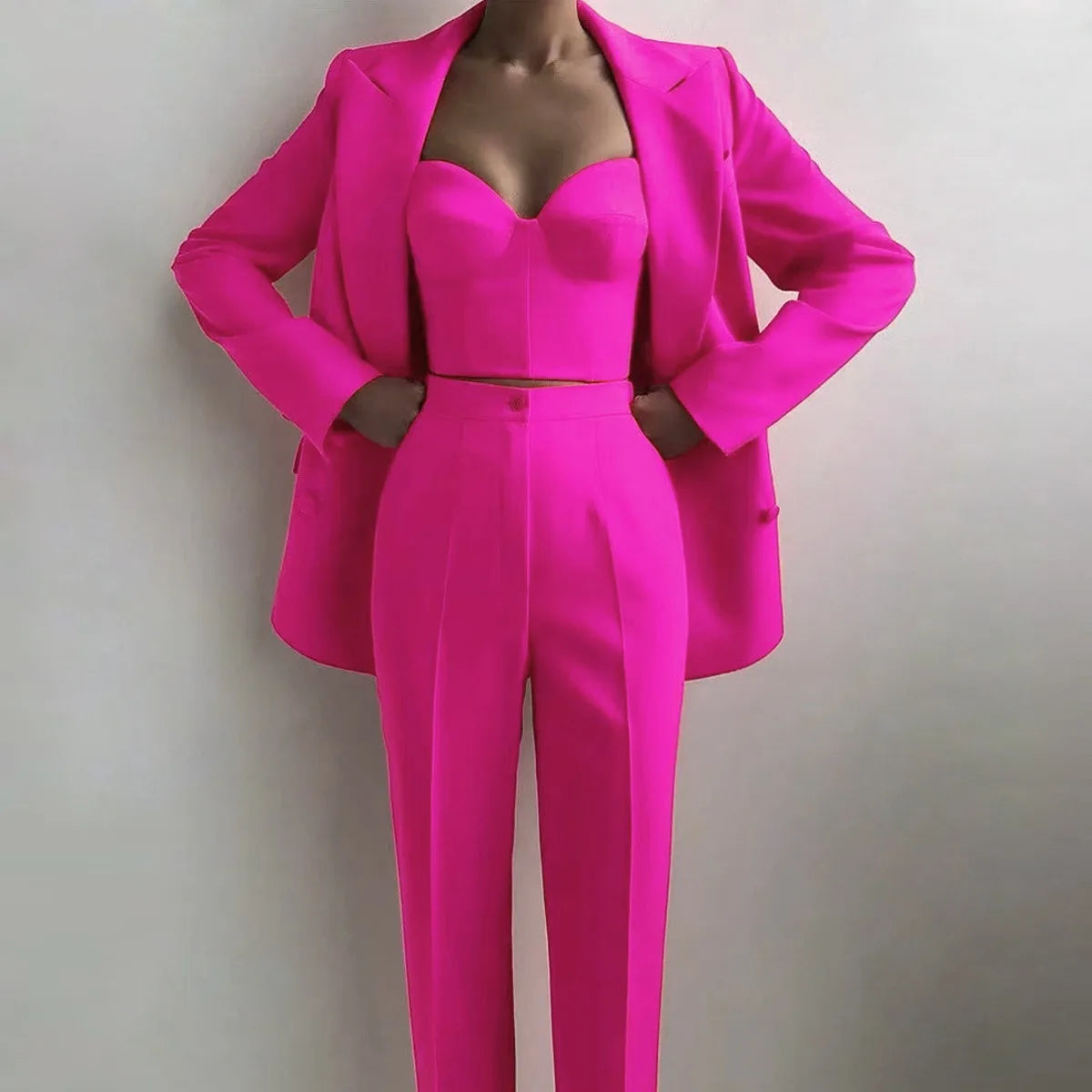 American  Fresh Fuchsia Color 3PCS Blazer Set with Bre Top and Pencil Pants .