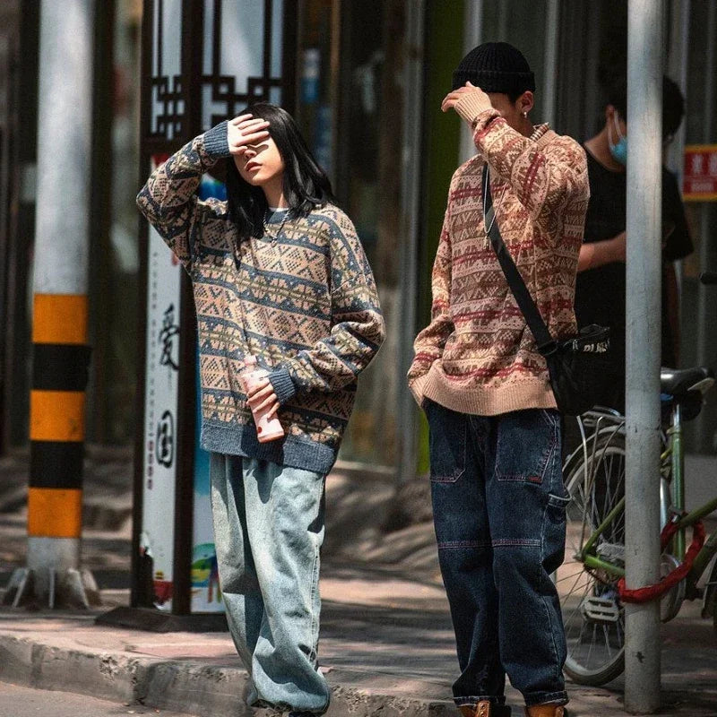 Japanese Style Knitted Sweater Couple Vintage Pullovers Causal Loose High Street Knitwears Men Jumpers Male Clothes