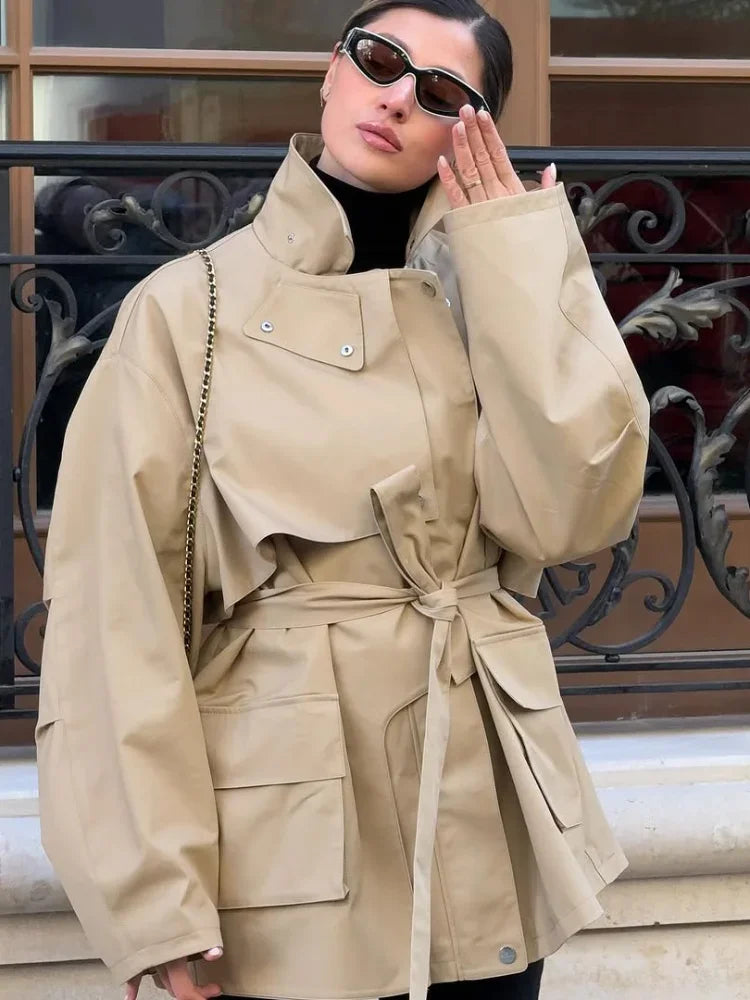 Single Breasted Khaki Belt Trench Coat Women.