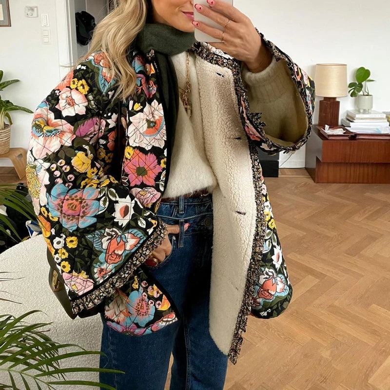 Maemukilabe Floral Print Loose Quilted Jacket .
