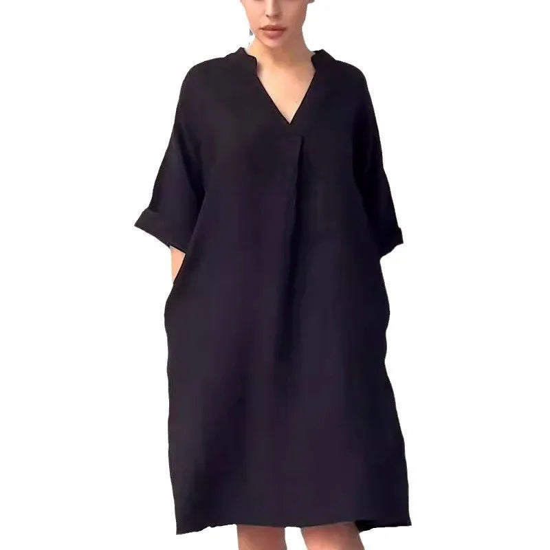 Fashion Cotton And Linen Women's V-neck Loose Dress women fashion'/MH
