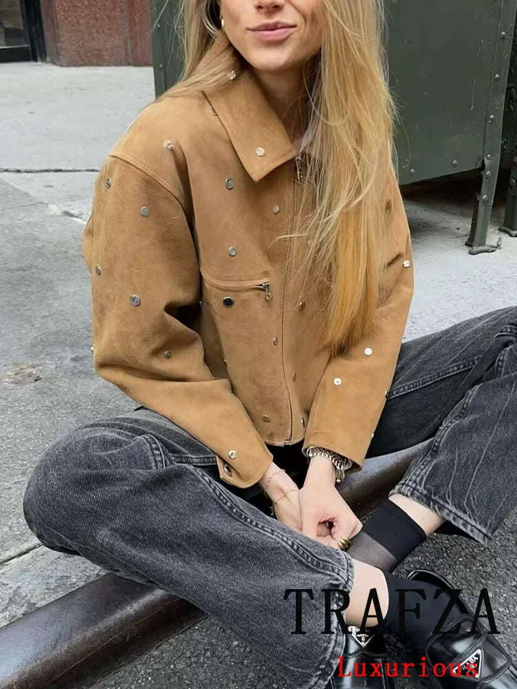 TRAFZA Casual Chic Women Solid Jackets Rivet Long Sleeve .