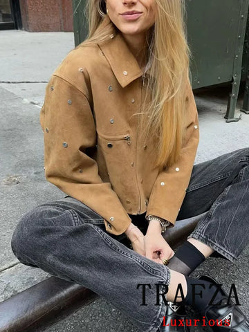 TRAFZA Casual Chic Women Solid Jackets Rivet Long Sleeve .