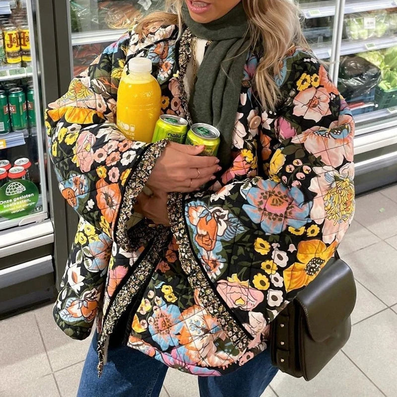 Maemukilabe Floral Print Loose Quilted Jacket .