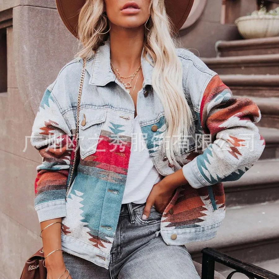 Europe and The United States Long Sleeve Lapel Loose Denim .
