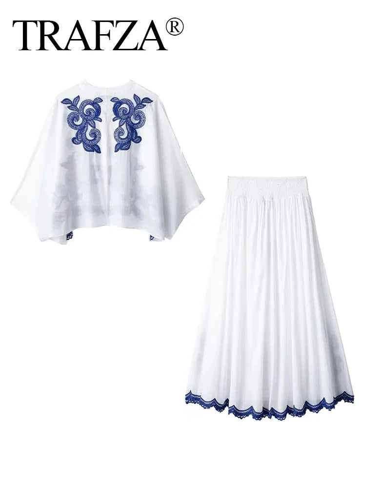 TRAFZA 2024 Woman Embroidery Print Set V Neck Casual Shirt Top + A-Line High Waist Chic Elegant Women's Pleated Long Skirt TRAF